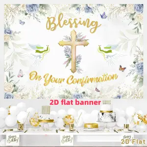 Blue Flower Cross Communion Party Background Banner, First Religious Baptism Bridal Gift Party Wedding Party Decoration, Polyester Material, Suitable for Photo Booth, Party, Birthday, Celebration