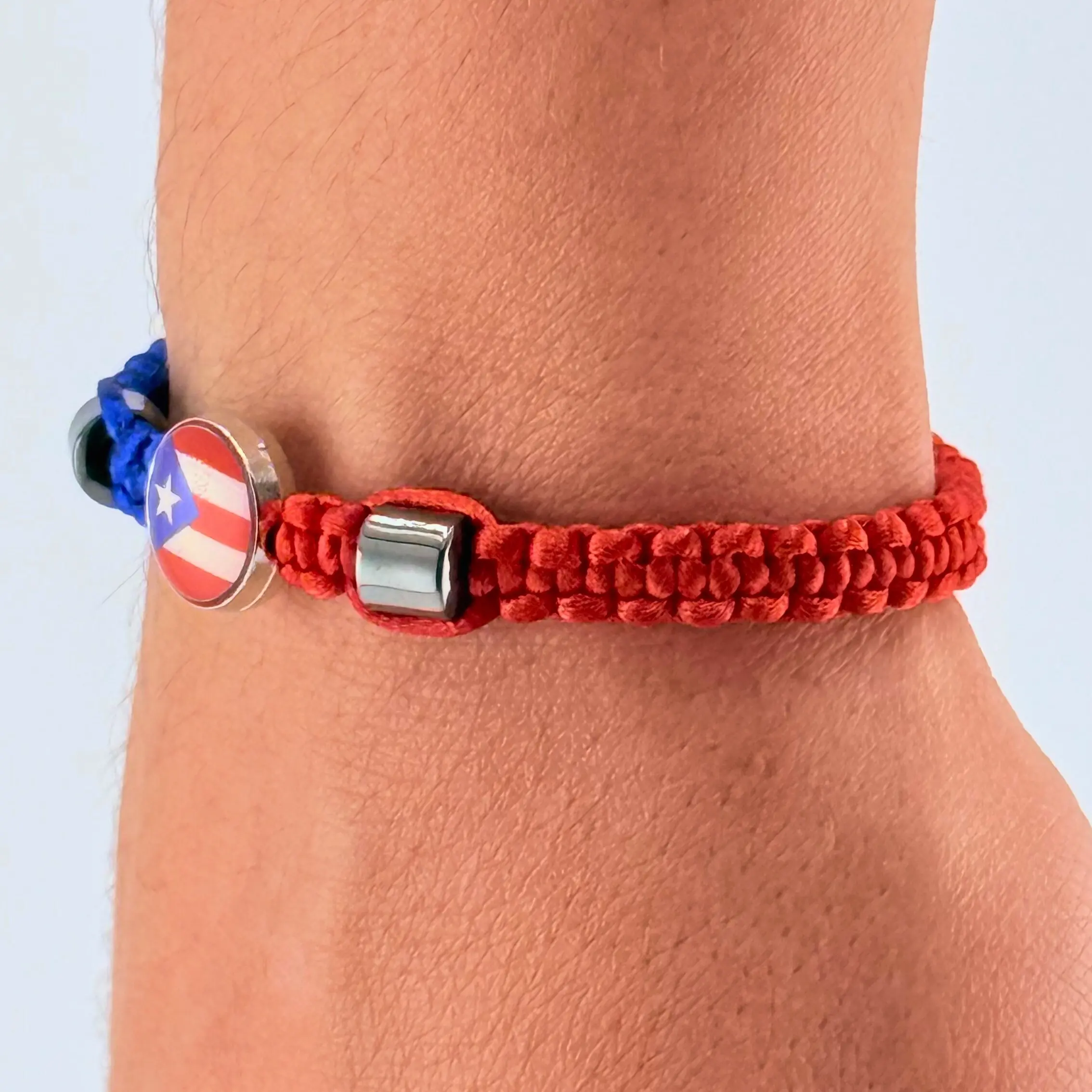 Puerto Rico Flag Bracelet - Adjustable 7" Hematite & Rattail Cord Bracelet with Colorful Rope Design for All Wrist Sizes