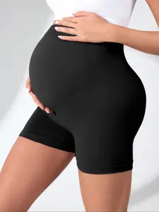 Women's Solid Color Maternity High Waist Yoga Shorts, Stretchy Breathable Comfortable Bottoms, Ideal for Pregnancy & Daily Wear