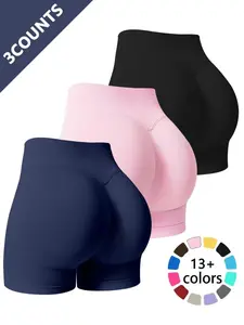 Women's Three-Piece Fitness Shorts Set, Seamless Elastic High-Waisted Yoga Shorts, Tummy Control, Suitable for Gym and Casual Wear, Seamless Stretch Shorts