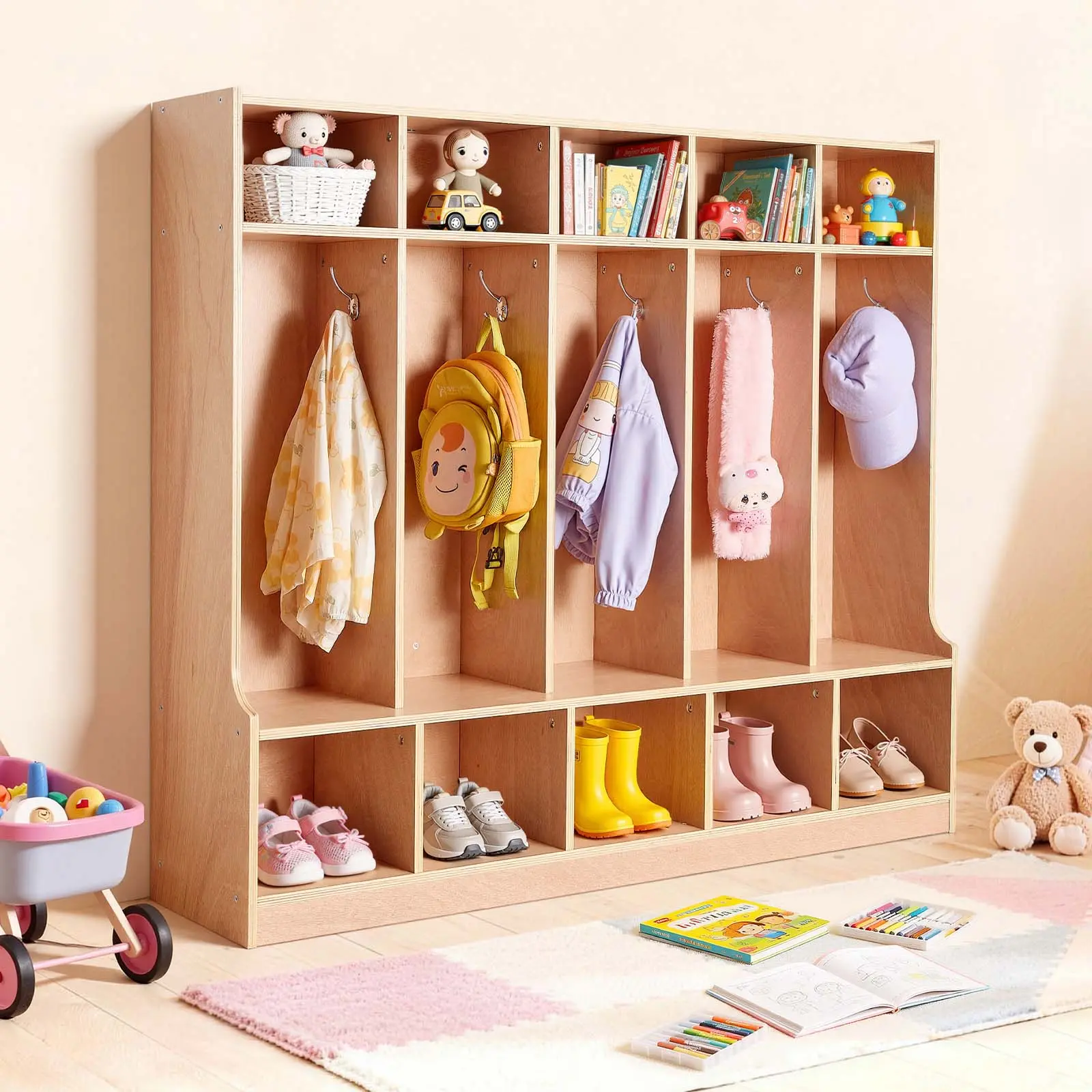 VEVOR 5-Section Kids Coat Locker, Wooden Toddler Cubby Storage Organizer with 10 Hooks & Non-Slip Mat, Modern Kid Coat Cubbies with 10 Small Open Storage Boxes for Home, Kindergarten, Daycare, Natural#SohoChic