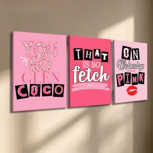 3 Pcs/Set Wooden-Framed Canvas Painting, Mean Girls Quote Triptych Canvas Wall Art, Pink Girly Typography Print for Living Room, Bedroom, Office Decoration, Modern Home Decor, Fashion Artistic Ornaments, Artwork