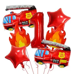 7pcs Fire Truck Flame Theme Number 0-9 Aluminum Foil Balloons Set, Kids Birthday Party Decorations, Baby Shower Balloon Arch Kit