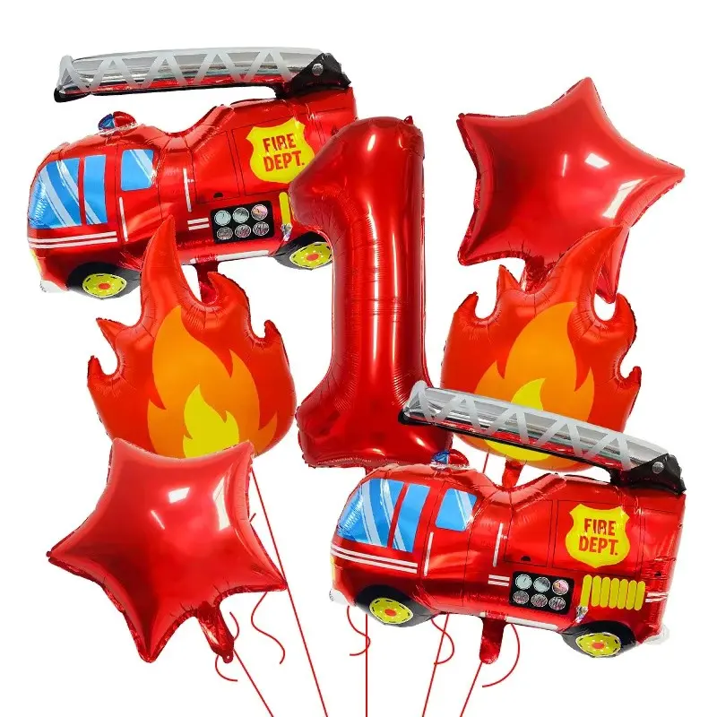 7pcs Fire Truck Flame Theme Number 0-9 Aluminum Foil Balloons Set, Balloons For Balloon Arch, Kids Birthday Party Decorations, Baby Shower Balloon Arch Kit, Balloon Garland Kit