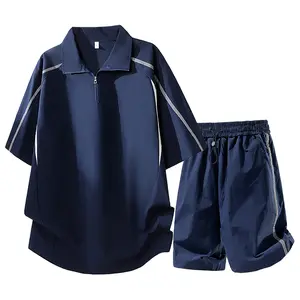 Men’s summer minimalist color-block athletic set, half-zip polo shirt and shorts, casual sportswear combo, stylish and versatile for everyday wear #SummerVibes 	 Father’s Day Gift