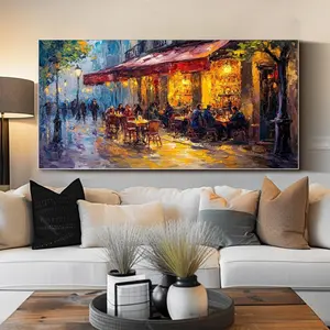 [Sale off up to 40%] [Frame Canvas] Paris Cafe Oil Painting Original Handmade Canvas Painting 3d Modern Wall Art Bedroom Wall Art Cityscape Art Abstract Rainy Street Wall Art