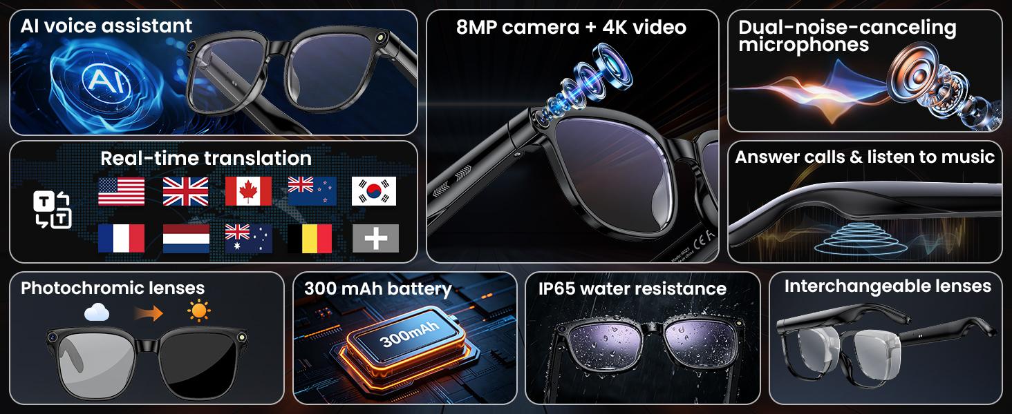 Smart Al Camera Glasses with 8MP Photochromic Lenses ,Button Touch Adjustment for Travel Outdoor Adventures Hands-Free Photography 160+Languages Real-Time Translation Bluetooth Wireless Wearable Video Recording UV Protection
