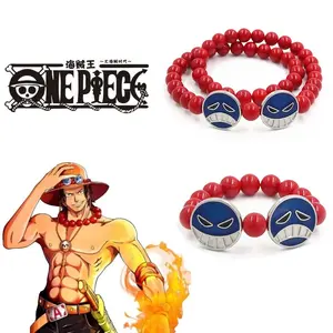 One Piece Portgas D. Ace Red Bead Necklace & Bracelet Set, Anime Cosplay Accessory, Cry & Smile Face Charm Jewelry, Perfect Gift for Fans, Birthday/Valentine/Christmas Present