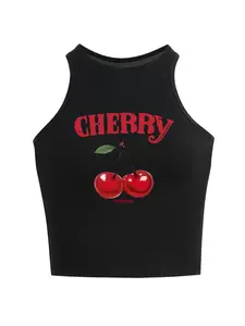 Women's Cherry & Letter Print Round Neck Knit Tank Top Fit, Casual Sleeveless Crew Neck Top for Summer, Fashion Ladies Clothes for Daily Wear