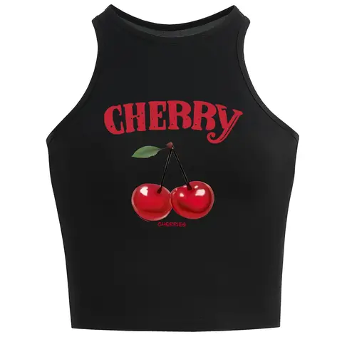 Women's Cherry & Letter Print Round Neck Knit Tank Top Fit, Casual Sleeveless Crew Neck Top for Summer, Fashion Ladies Clothes for Daily Wear Womenswear Piece Vibe Sleeveless Tank Tops