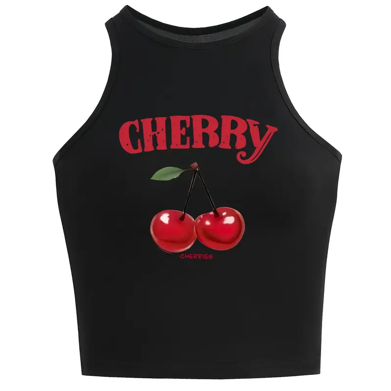 Women's Cherry & Letter Print Round Neck Knit Tank Top Fit, Casual Sleeveless Crew Neck Top for Summer, Fashion Ladies Clothes for Daily Wear Womenswear Piece Vibe Sleeveless Tank Tops