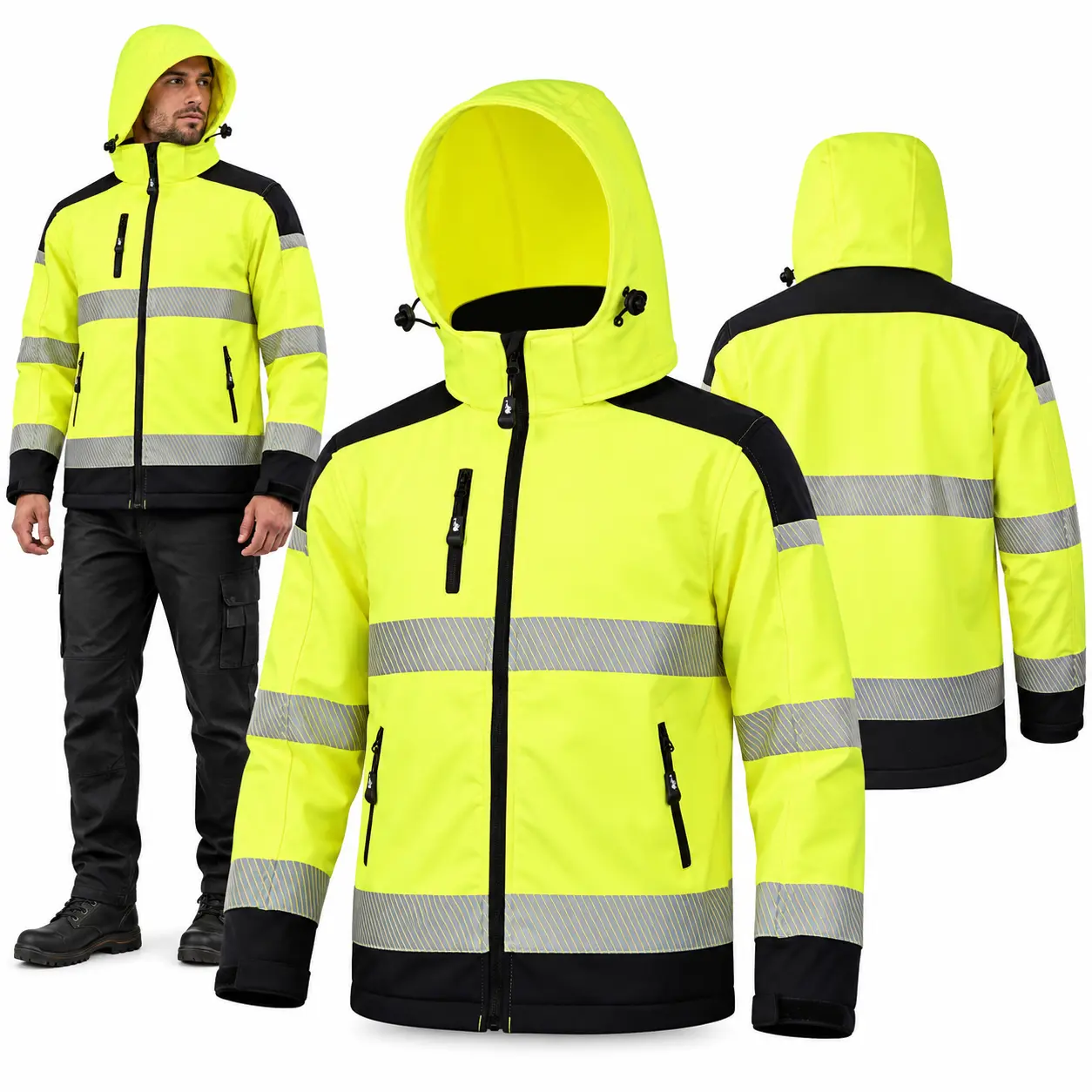 High Visibility Reflective Work Jacket for Men, Waterproof Hooded Safety Jacket, Windproof Hi Vis Coat for Construction, Outdoor & Road Work black bottom