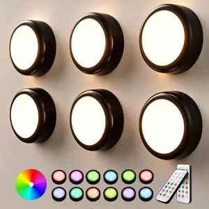 Push Lights with Remote 6-Piece Battery-Powered LED Hockey Puck Lights, Wireless Under-Cabinet & Baseboard Illumination, Dimmable & Color-Changing, Timer Function for Closet, Faucet, or Shelf (Black)