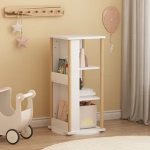 360° Rotating Kids Bookshelf with Chalkboard, 3-Tier Wood Floor Revolving Bookcase & Toy Storage Organizer, Picture Book Display Stand for Toddlers, Nursery & Playroom, White and Natural