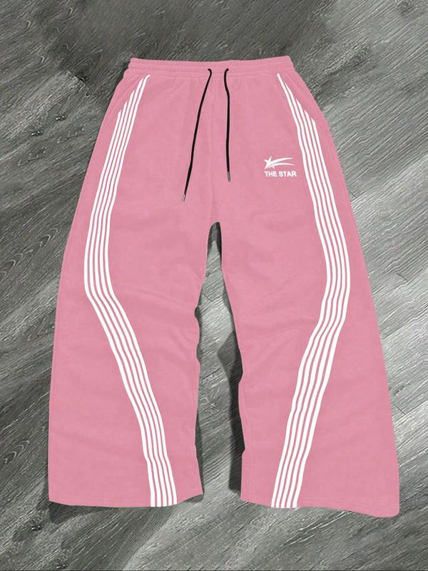 Men's Letter & Star & Striped Print Drawstring Waist Sweatpants, Regular Fit Casual Street Elastic Waist Straight Leg Trousers for Fall & Winter, Sports Casual Pants, Men's Bottoms for Daily Wear