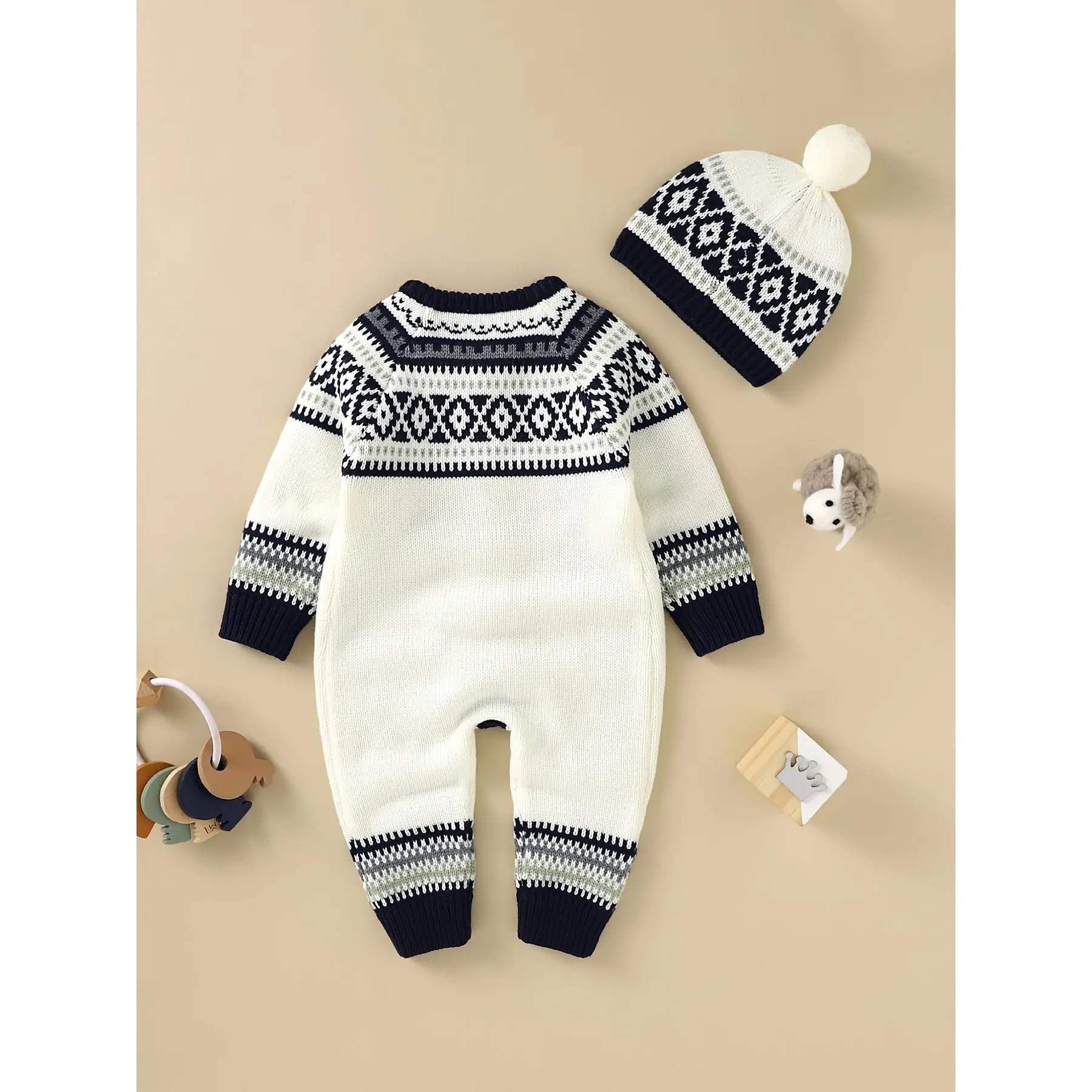 Newborn Infant Geometric Pattern Sweater Romper Long Sleeve Button Jumpsuit & Hat For Toddler Baby Boys And Girls, Suitable For Indoor And Outdoor Wear