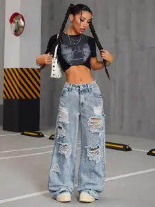 Blue Ripped Washed Vintage Fashion Casual Jeans, Distressed Denim Jeans for Men & Women, Trendy Streetwear Style