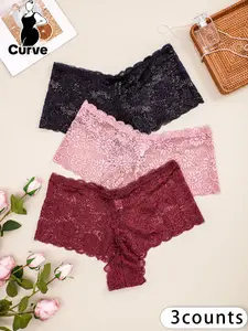 Plus Size 3pcs Solid Scallop Trim Hollow Out Panty, Comfy Breathable High Waist Knicker For Daily Wear, Fashion Ladies' Underwear For All Seasons, Soft Breathable Knicker