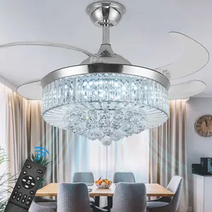 42 Inch Crystal Ceiling Fans with Lights, Modern Dimmable Fandelier LED Remote Control Retractable Invisible Blades Indoor Reversible Ceiling Light Kits with Fans for Decorate Living Room Bedroom