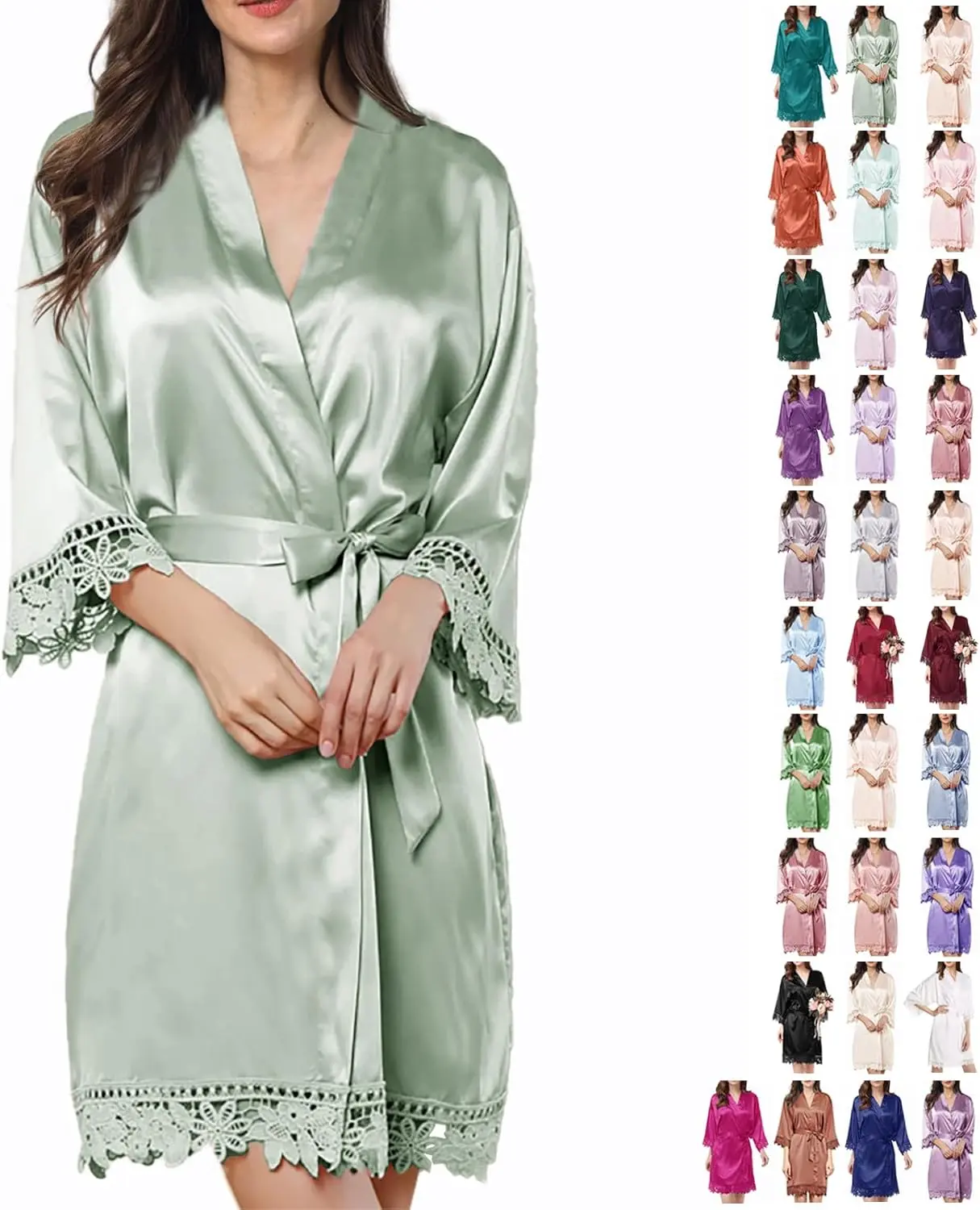 WJing Yi Jia Womens Silk Robe Satin Robe Silky Kimono Lace Bathrobe Wedding Dressing Gown For Bridal Bride Bridesmaid Robes
