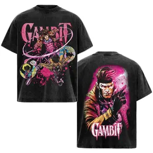 Retro Gambit X-Men Gambit Mutant Hero Graphic Tee Washed – Double Sided Print Oversized Acid-Washed Heavyweight Cotton T-Shirt – Unisex Comic Tee, Perfect Gift for Comic Fans and Lovers Menswear Tops Distressed