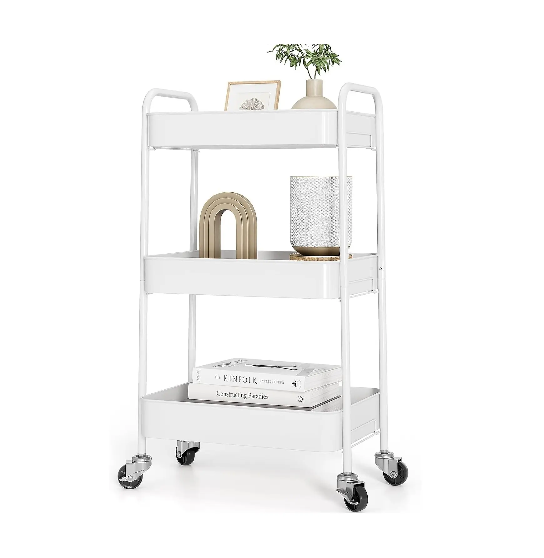 TOOLF 3 Tier Metal Rolling Cart, Utility Storage Cart with Wheels, White | Screwless Assembly, Lockable Metal Wheels, Trolley Organizer for Bathroom, Kitchen, Office, Dorm, Laundry, Craft Room