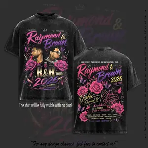Raymond & Brown R&B Tour 2026 Tee Acid Washed, Team Breezy Fan Merch, Vintage Pink Roses USA Concert 2-Sided Acid Wash Oversized T-Shirt, Retro Hip Hop Heavyweight Cotton Tee, Ultimate R&B Experience Top