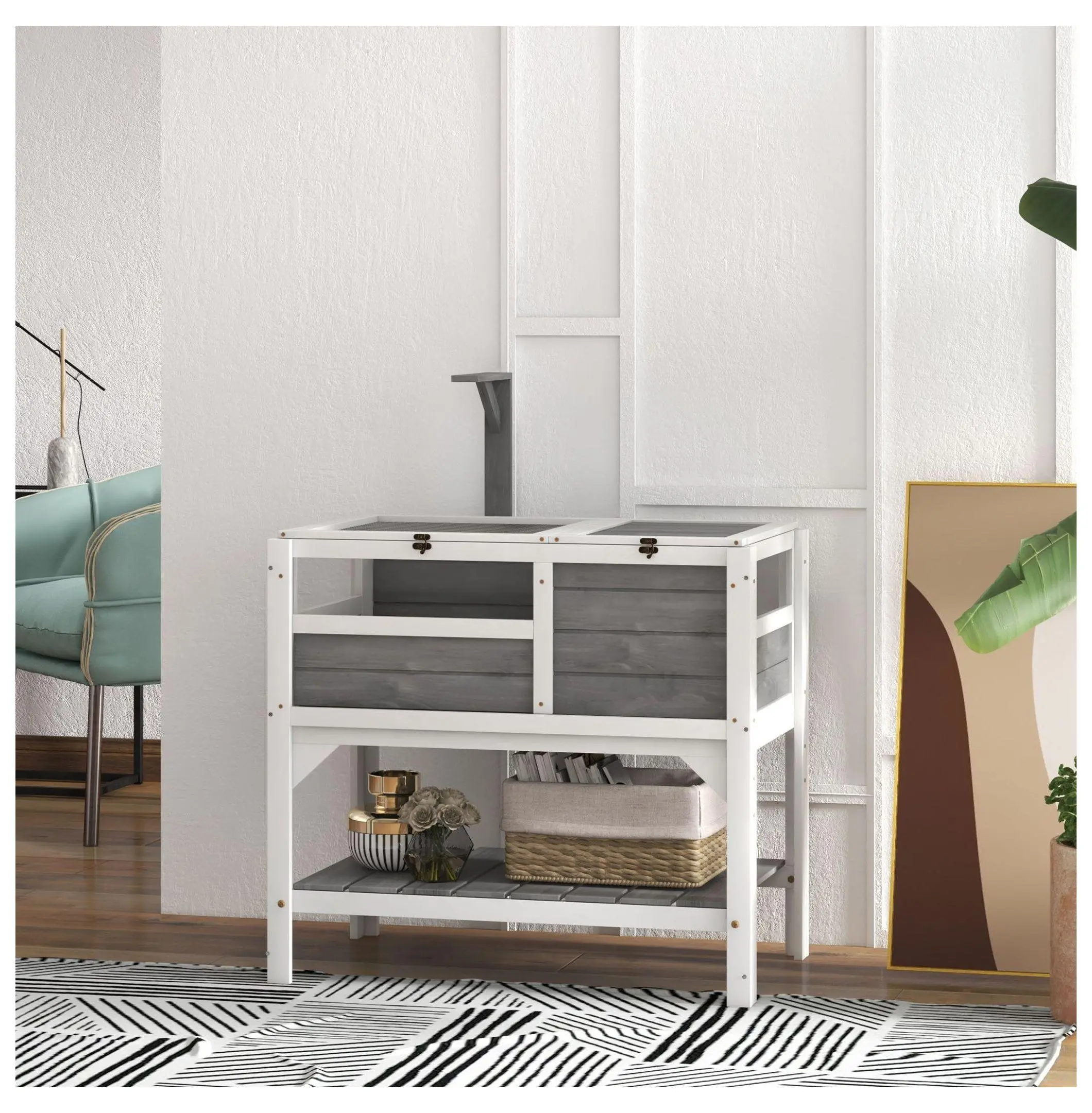 Light Gray Tortoise House - Indoor Heated Reptile Enclosure with Basking Area, Hide Box, Mesh Wire Screen, Observation Windows, 33l x 20w x 40.5h Convenient Shelf Storage, Integrated Storage, Space Saving