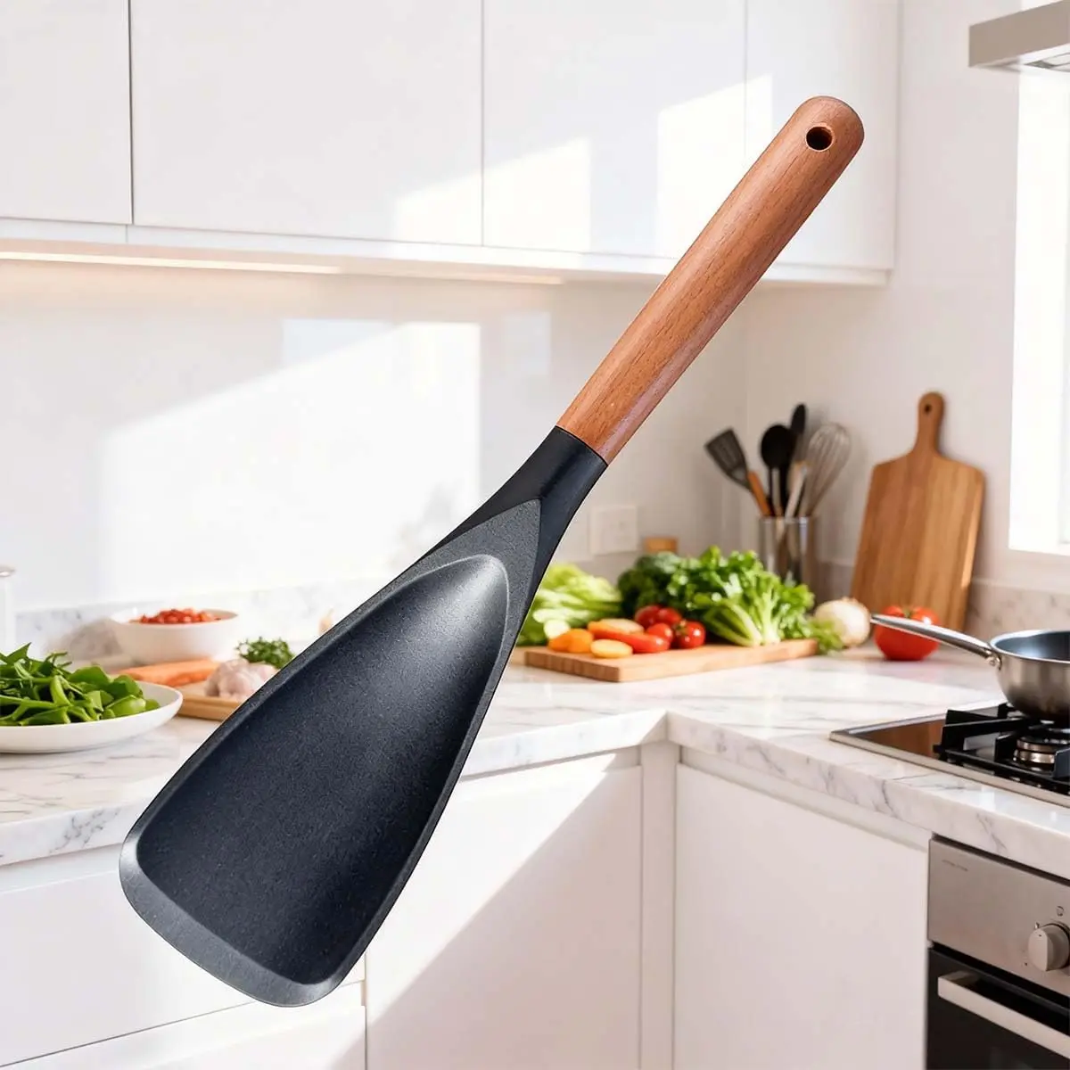 Silicone Cooking Spoon Spatula, Multi Function Wooden Handle Spoonula for Stirring Serving Mixing, Non Scratch Kitchen Tool for Nonstick Pots Pans, Flexible Spurtle Scraper.