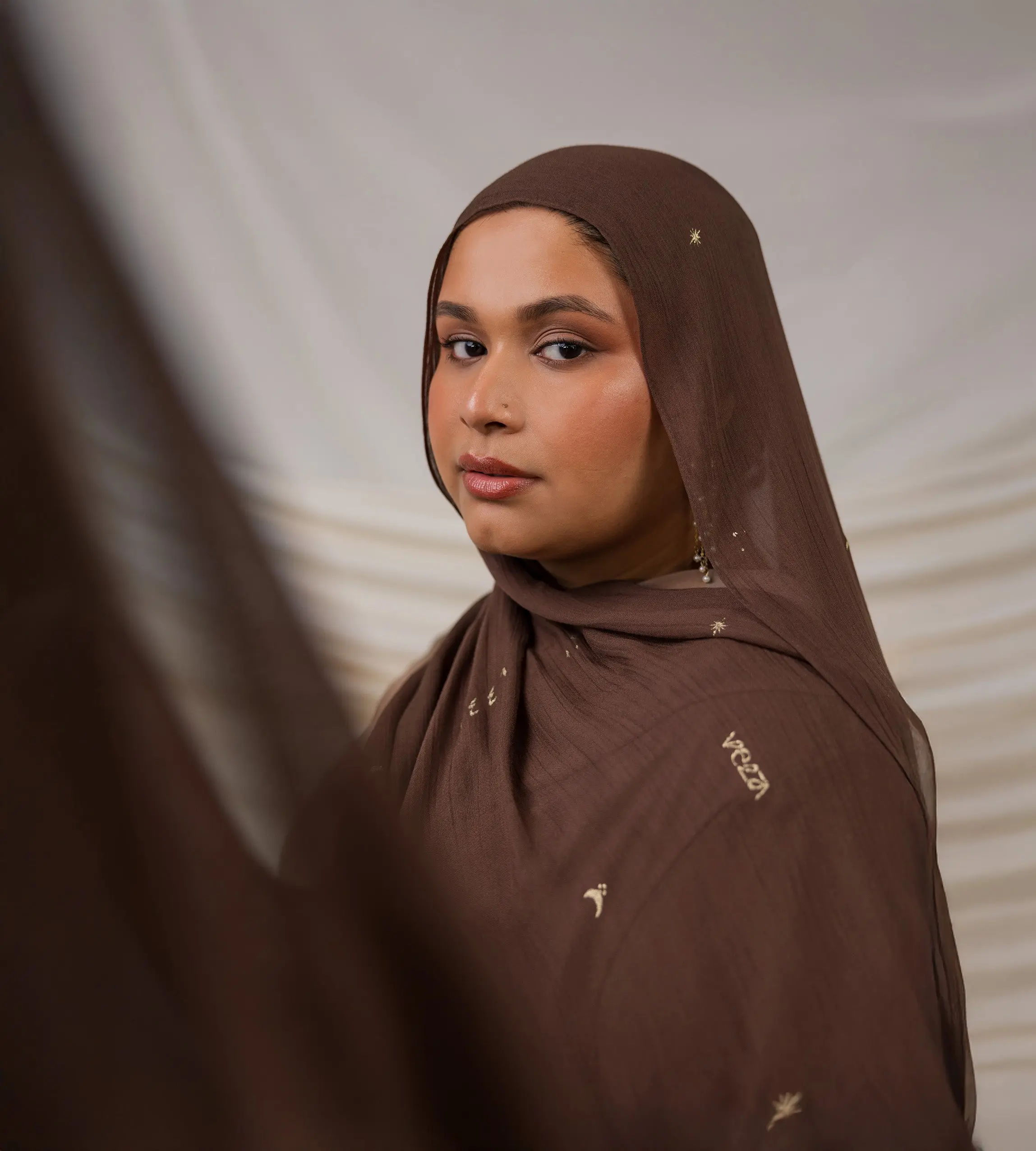 VELA Chocolate Starlight Modal Fabric Hijab, Luxurious Square Scarf Head Wrap for Women with Metallic Gold Foil