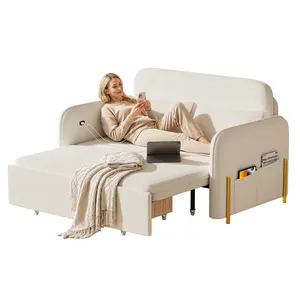 Explorinox 3-in-1 Convertible Sofa Bed Boucle Loveseat Sleeper with Storage Drawer Side Pockets USB Ports Gold Metal Legs for Living Room