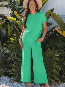 Women's Chic Wide Leg Corded Knit Set - Simple, Basic, Comfortable Short-Sleeve Casual Lounge Outfit