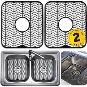 2 Sink Protectors for Kitchen Sink, Plastic 12" x 11" Dish Rack, Protect Sink from Stains, Damage, Scratches, Dishwasher Safe Grid Mat for Kitchen (2 Pack, Black)