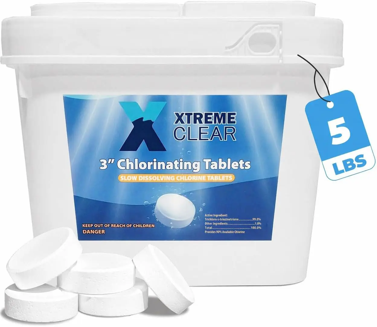 Xtremeclear 3" Swimming Pool Chlorine Tablets 99% Pure Tri-Chlor| Long Lasting & Slow Dissolving | Pro-Grade Pool Sanitizer | 5 Pounds Bucket