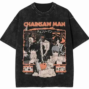 Casual Aki Metal Chainsaw Man  Vintage6 Washed T Shirt Men O-neck Short Sleeve Tops Denji Makima Aki Kobeni Cotton Summer Tops         7WO 81R