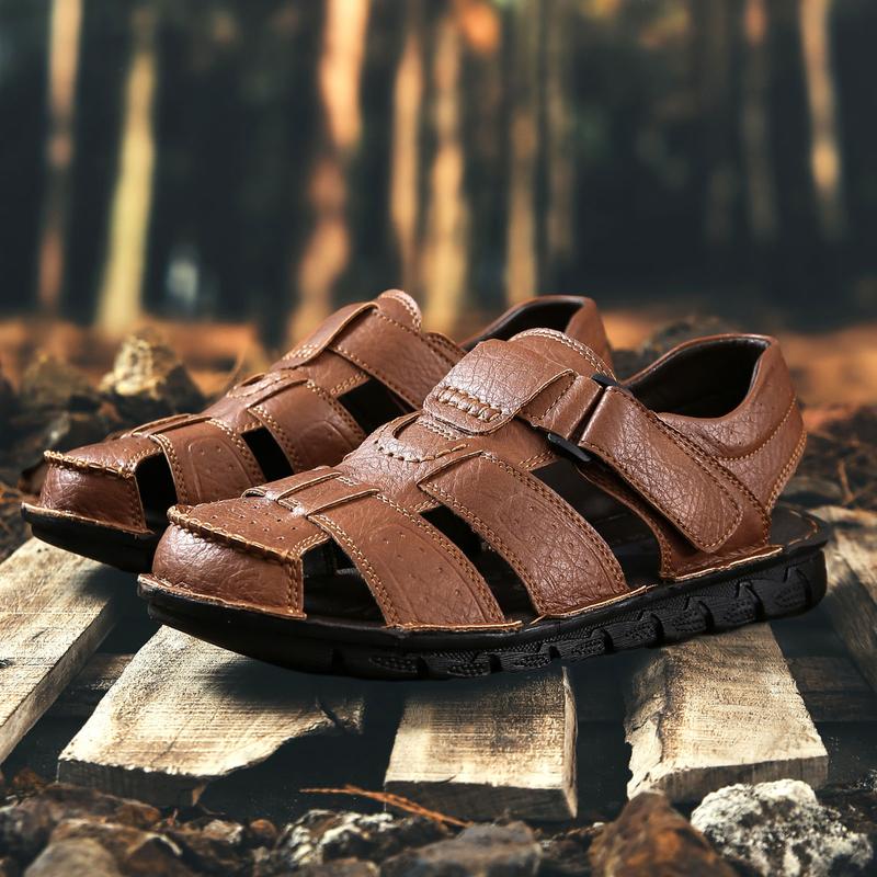 Men's Leather Sandals Closed Toe Water Shoes For Summer Athletic Outdoor Walking Sports Trail River Fishing Wide Adjustable Waterproof Arch Support Lightweight Slip-Resistant