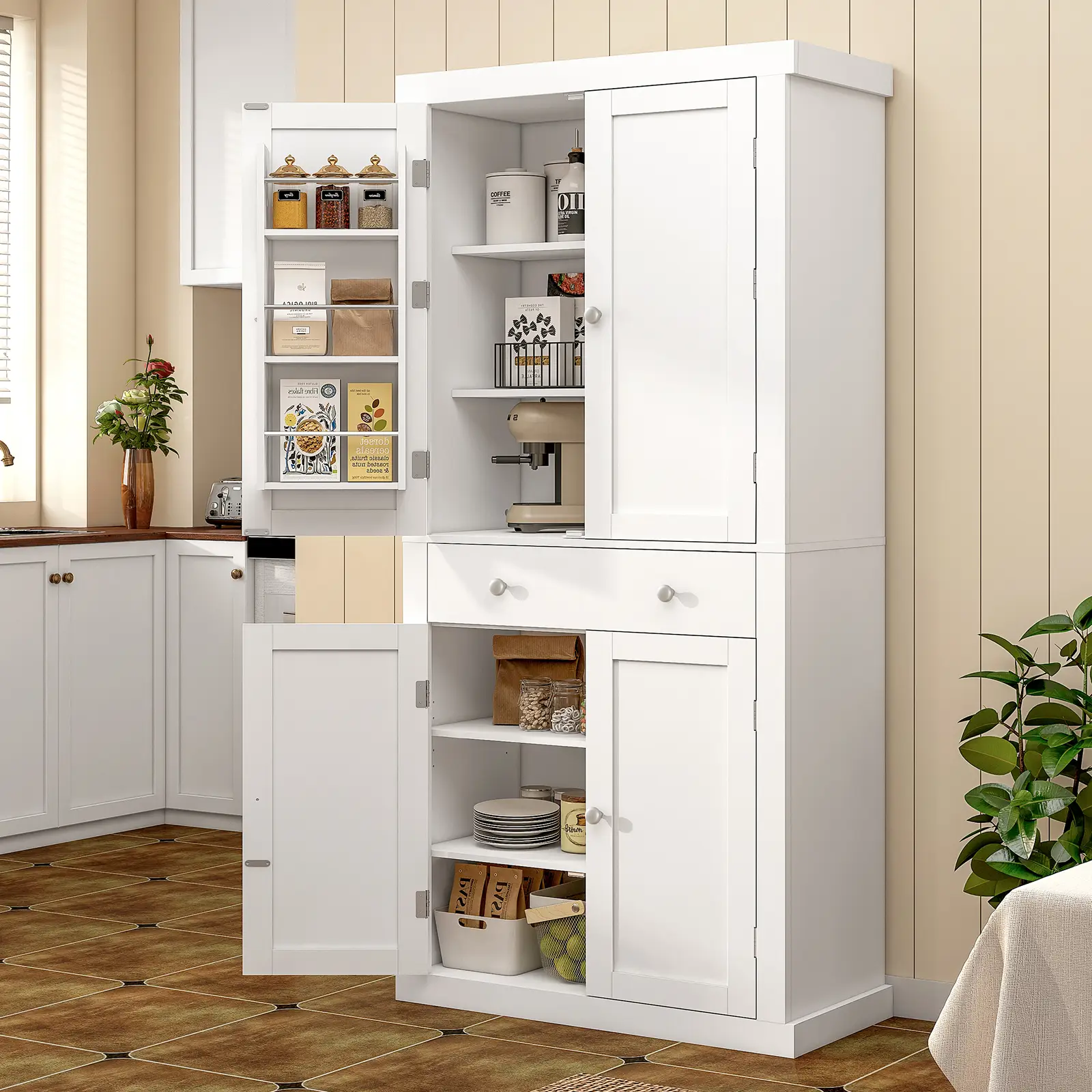 Fabiula 72 Tall Kitchen Pantry Cabinet with 4 Doors & Drawer Adjustable Shelves White Farmhouse Furniture Freestanding Design for Dining Room Living R