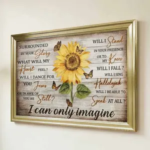 1pc Framed Gold Frame Religious Inspirational Art Sunflower And Butterflies Canvas Art Print For Living Room Bedroom And Home Decor With Elegant Gold Frame And Rustic Wood Background