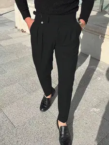 Men's Solid Color Suit Pants, Slim Fit Business Comfy Trousers for Work Office, Fashion Men's Clothes for Summer, Formal Menswear