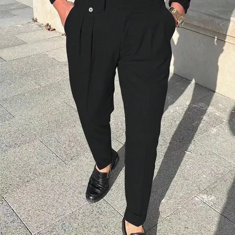 Men's Solid Color Suit Pants, Slim Fit Business Comfy Trousers for Work Office, Fashion Men's Clothes for Summer, Formal Menswear Bottoms