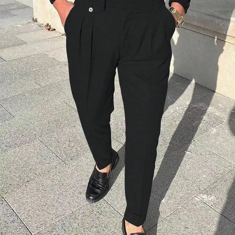 Men's Solid Color Suit Pants, Slim Fit Business Comfy Trousers for Work Office, Fashion Men's Clothes for Summer, Formal Menswear Bottoms