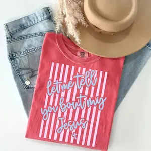 Comfort Colors Let Me Tell You About My Jesus T-Shirt, Stripes Coquette Bow Tee, Christian Bible Verse TShirt, Religious Tee, Easter Gift, For Women