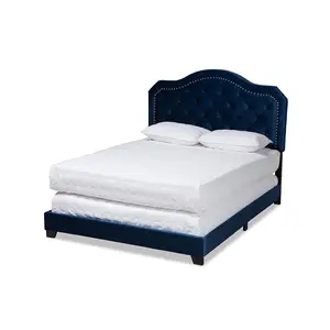 Baxton Studio Samantha-Navy Blue-Queen Samantha Modern & Contemporary Navy Blue Velvet Fabric Upholstered Button Tufted Bed - Queen Size
