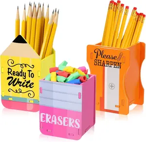 3 Pcs Back to School Party Gift Pencil Shaped Holder Sharp and Eraser and Dull Holder Wooden Dispenser Pencil Storage Organizer for Back to School Management Organization (Classic)
