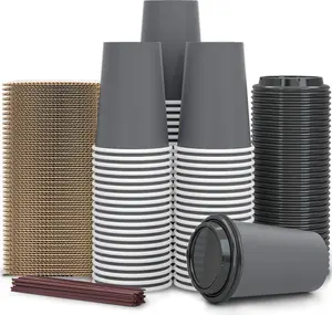 100 Pack - 12 oz Disposable Coffee Cups To Go with Lids Sleeves and Straws 100% Biodegradable & Compostable Pla Eco Friendly Paper Coffee Cups for Tea Coffee Hot Chocolate