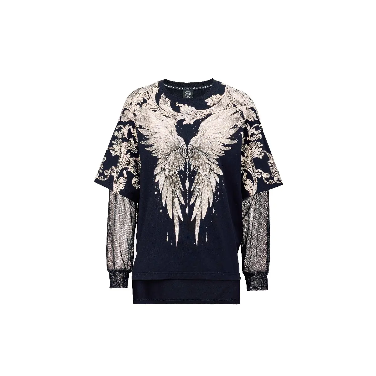 TCH -2026 Spring/Summer New Black Long sleeved T-shirt with wing rhinestone design