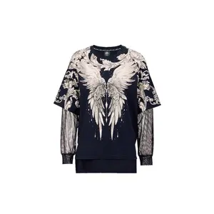 TCH -2026 Spring/Summer New Black Long sleeved T-shirt with wing rhinestone design