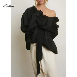 Women's Spring Stripe Print Shirt Ruffled Necline Long Lantern Sleeve Loose Blouse Casual Elegant Tops