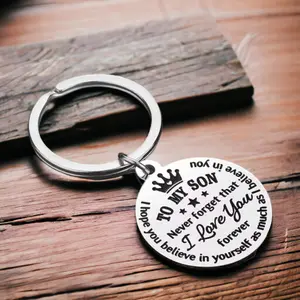 To My Son Keychain Stainless Steel Durable Round 1.15-Inch Keyring Solid Metal Son Love Present Birthday Gift