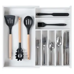 Bamboo Drawer Organizer for Silverware & Utensils - White Finish (Expands 11-19in)